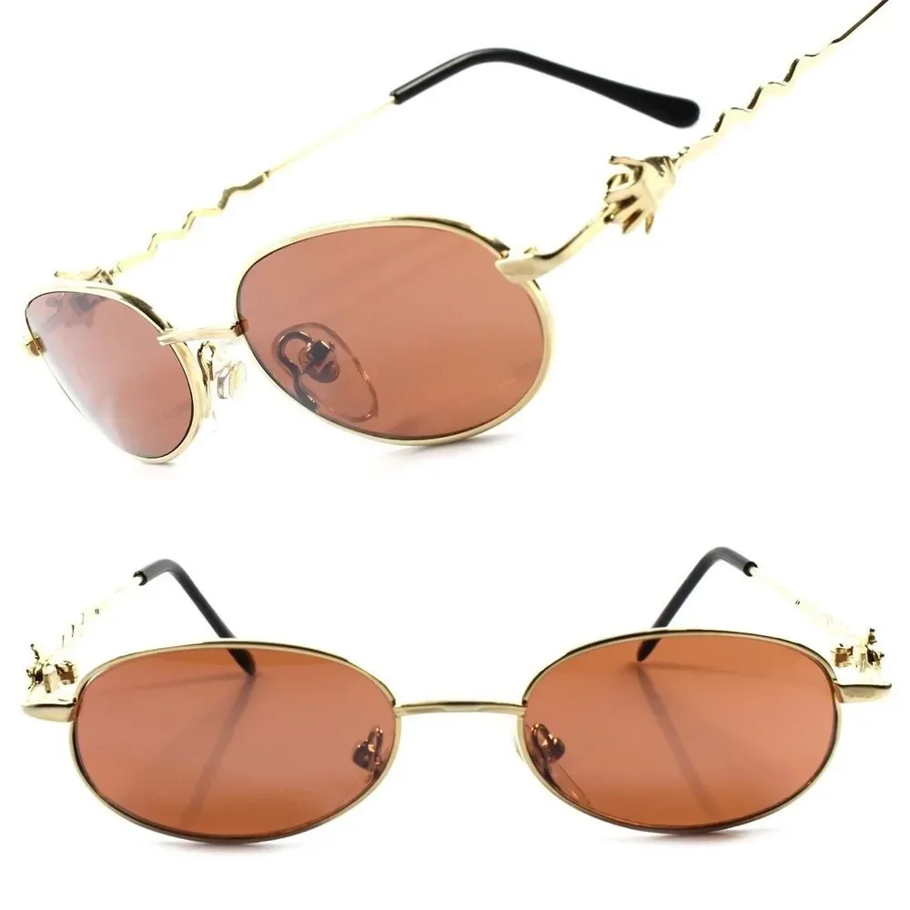 True Vintage Old Deadstock Funky Funny Mens Womens Gold Round Oval Sunglasses